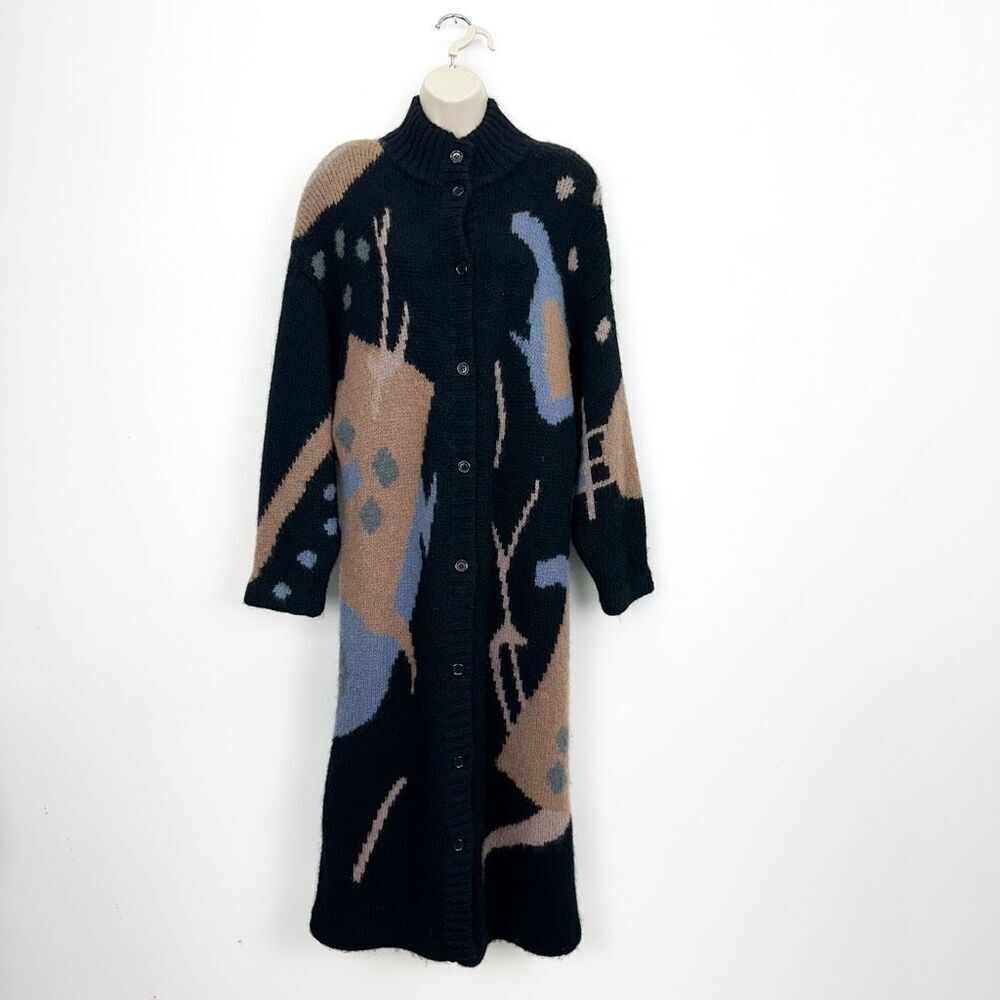 SEGUE Unisex Vintage 80s Wool Blend Abstract Button Down Duster Cardigan Sweater